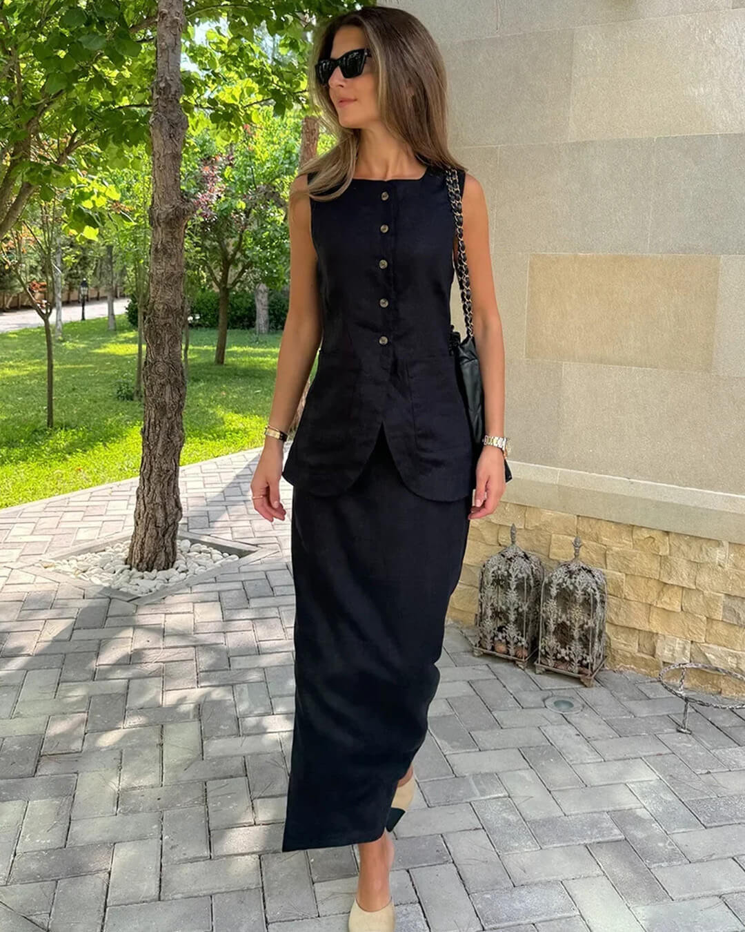 SOERA Irma Sleeveless Linen Set - Matching Sets - Top Black