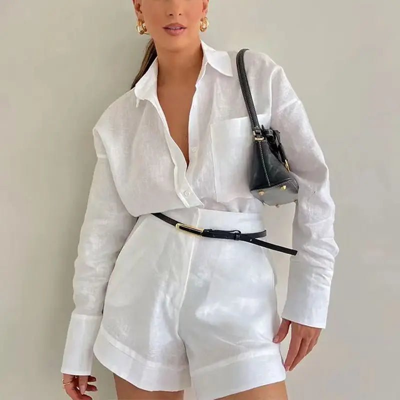 SOERA Solenn Long Sleeve High Waist Shorts Linen Set - Matching Sets - 1005006975478785-;zk1776063209451321739 Blue S