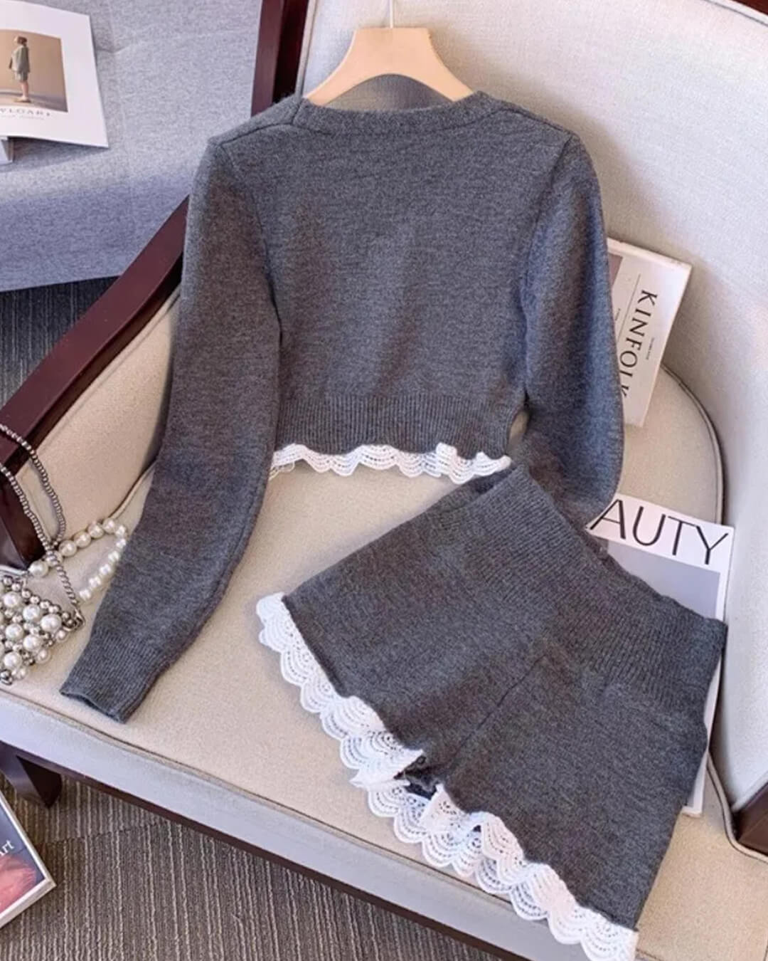 SOERA Lucy Lace Trim Cardigan Short Set - Sets - 1005007642040518-;Sl1769140529536507600 Medium