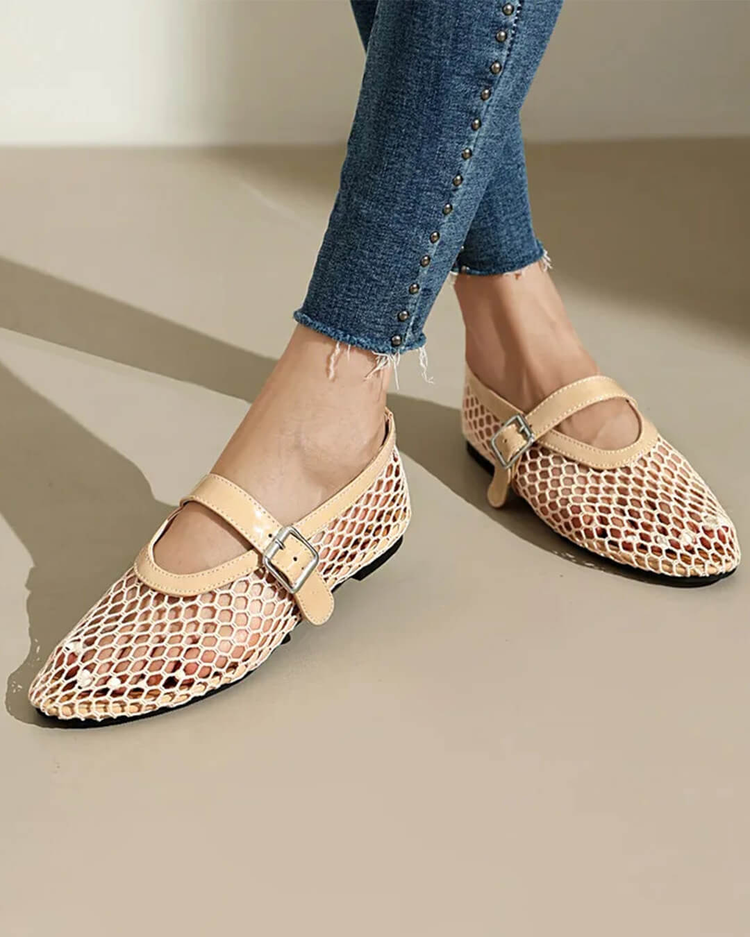 SOERA Bianca Buckled Mesh Ballet Flats - Shoes - Beige 35