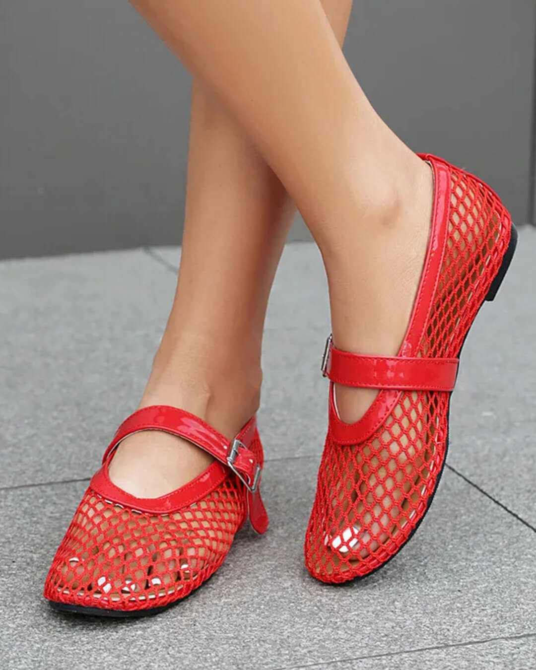 SOERA Bianca Buckled Mesh Ballet Flats - Shoes - Red 36