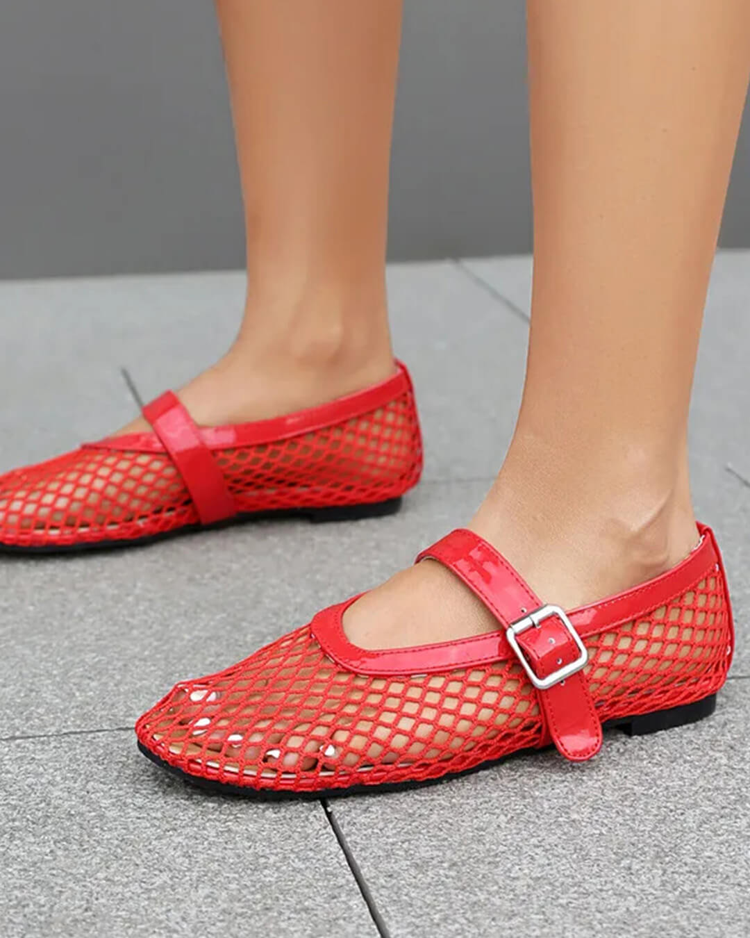SOERA Bianca Buckled Mesh Ballet Flats - Shoes - Red 37
