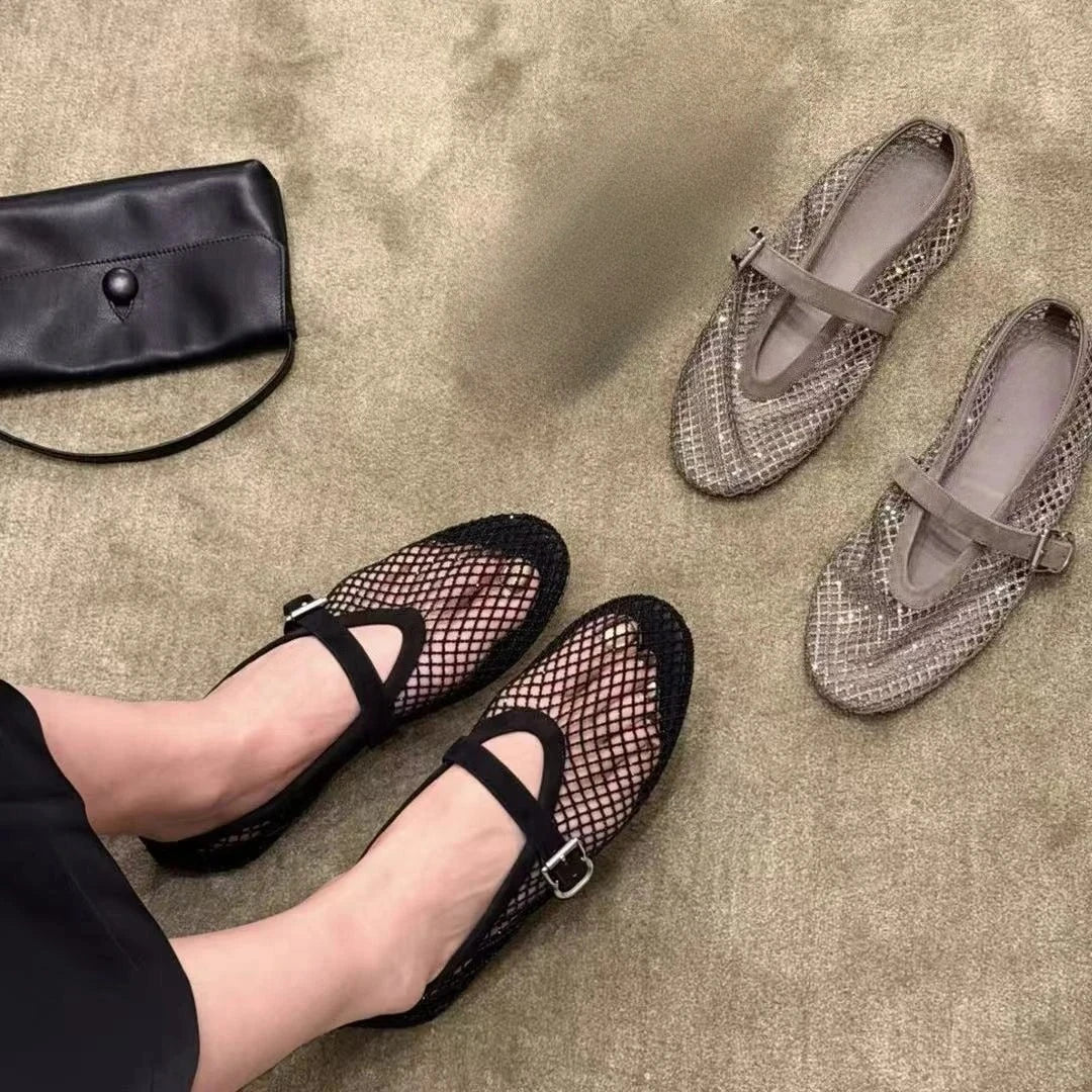 SOERA Jessica Rhinestone Mesh Ballet Flats - Shoes - Black 37
