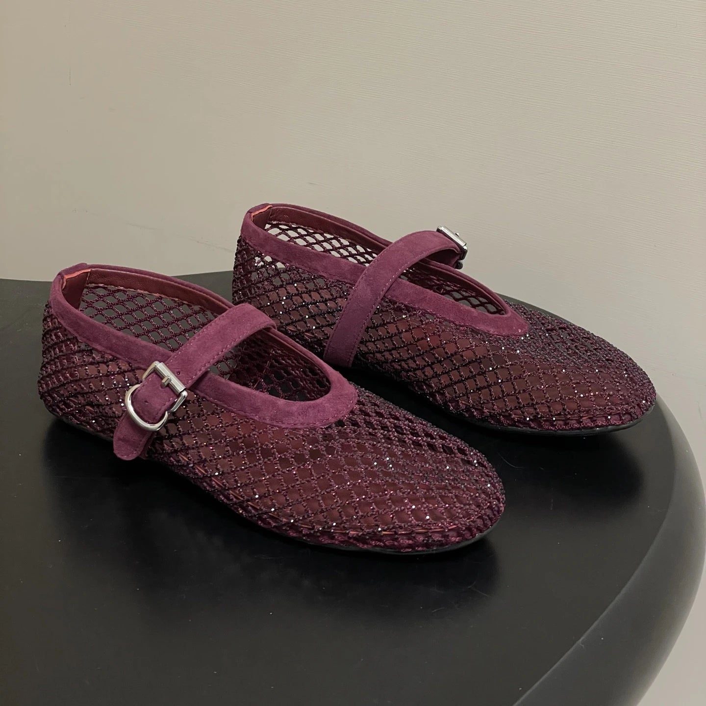 SOERA Jessica Rhinestone Mesh Ballet Flats - Shoes - Burgundy 34