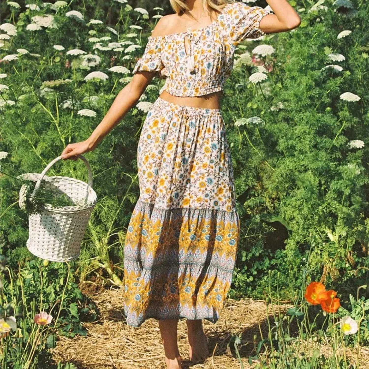 SOERA Bianca Floral Print Boho Beach Skirt - Skirt - Yellow S