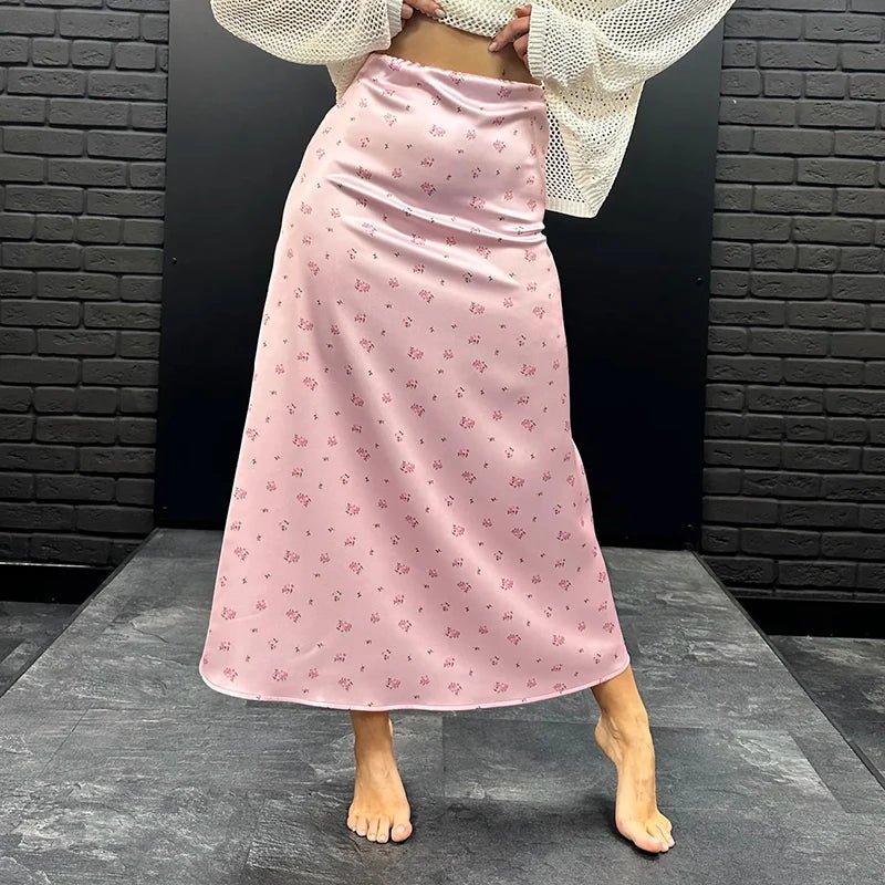 SOERA Bianca High Waist Satin Printed Midi Skirt - Skirt - Pink S
