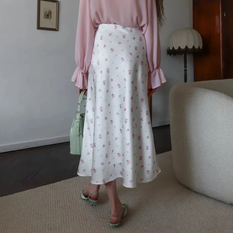 SOERA Bianca High Waist Satin Printed Midi Skirt - Skirt - White S