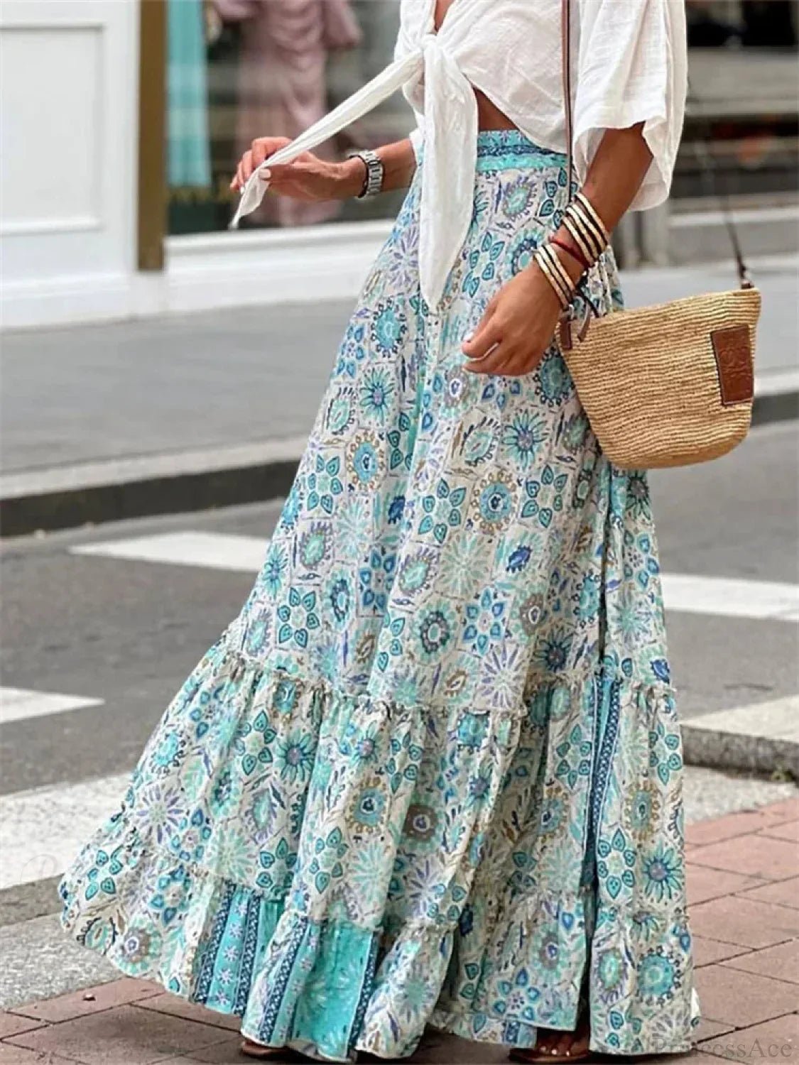 SOERA Celeste Flowy Boho Print Ruffled Hem Skirt - Skirt - Sky Blue M