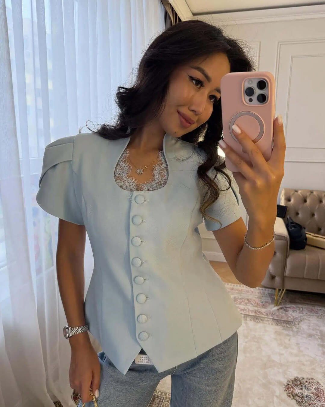 SOERA Bianca Button Front Stand Collar Top - Tops - Blue M