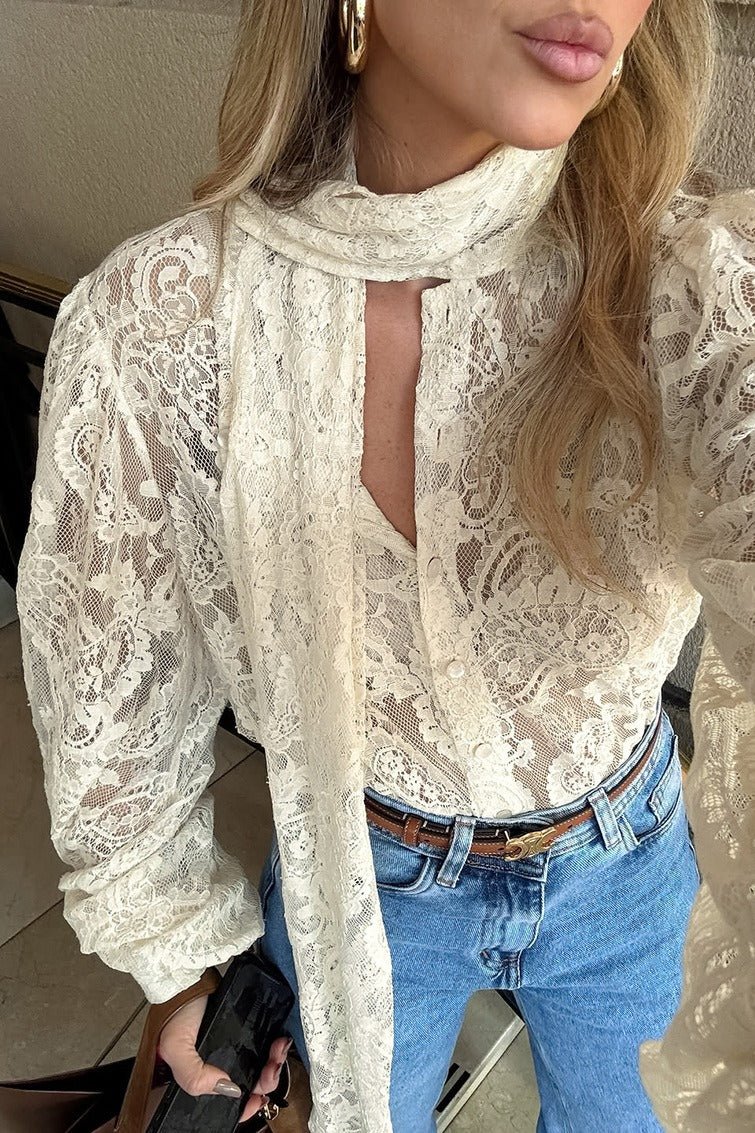 SOERA Dunja Sheer Lace Tie Blouse - Tops - Beige L