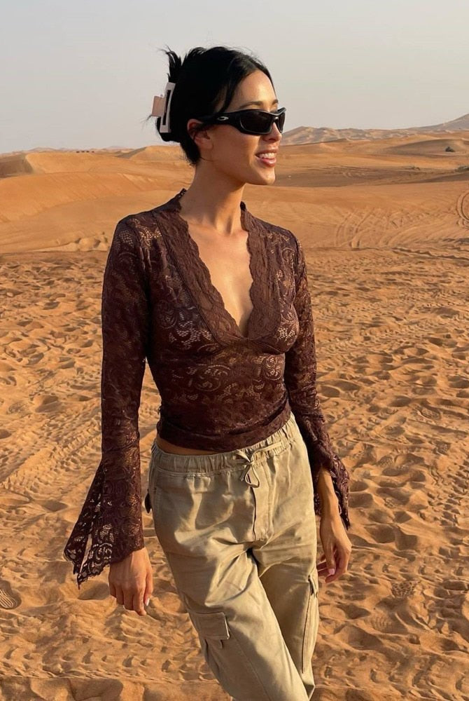 SOERA Lerna V-Neck Lace Top - Tops - Brown XS