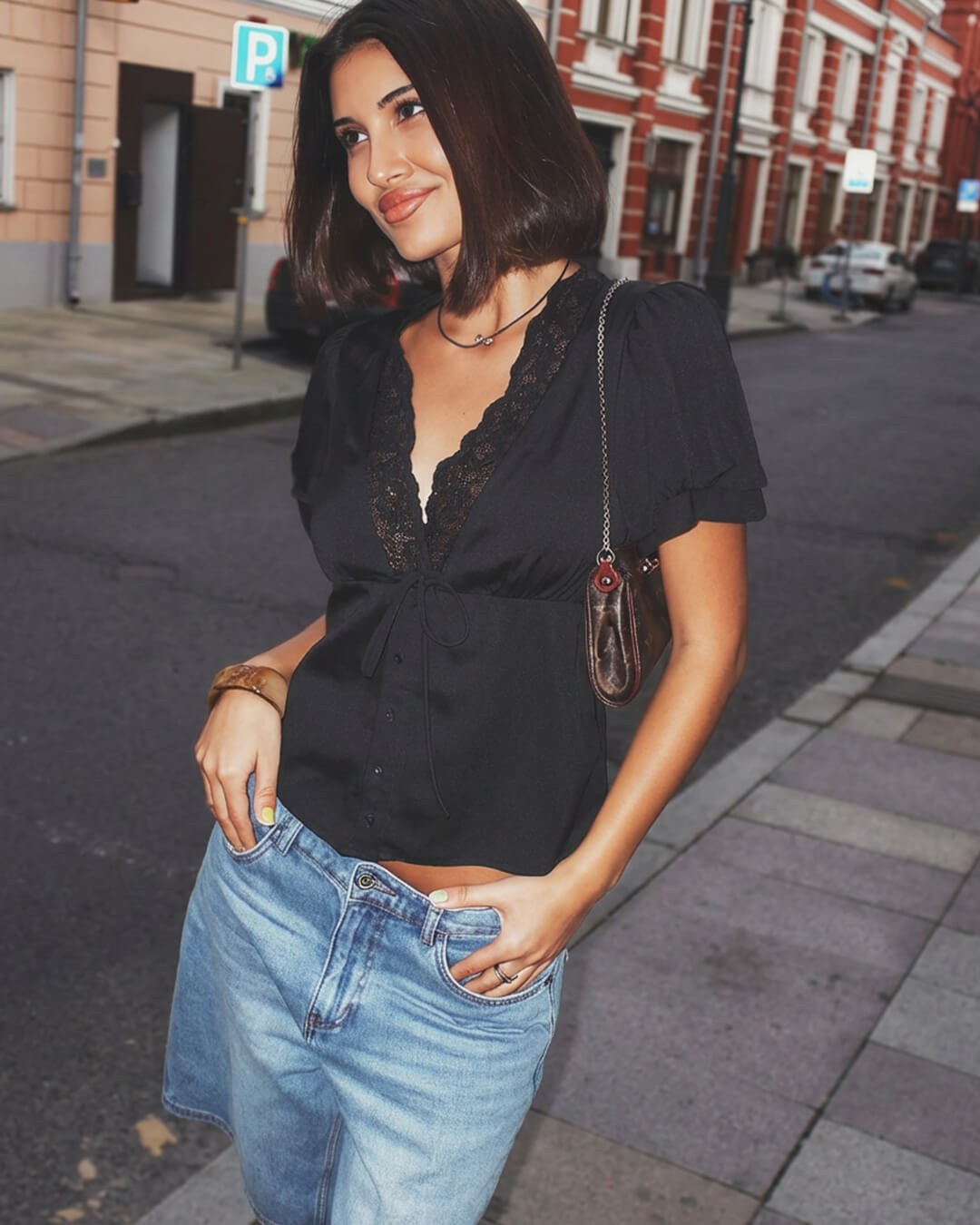 SOERA Rosette Lace Short Sleeve V - Neck Top - Tops - 1005009525072997-;zb1769414230043086700 Black S