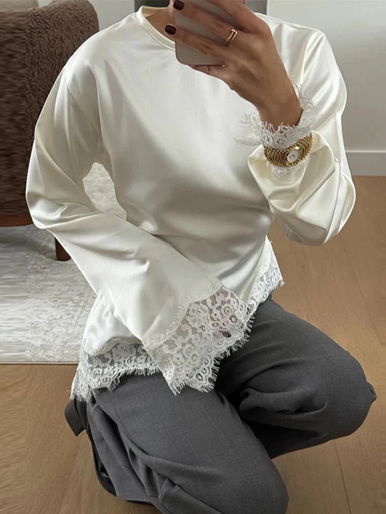 SOERA Serena Lace Satin Long Sleeve Top - Tops - White M