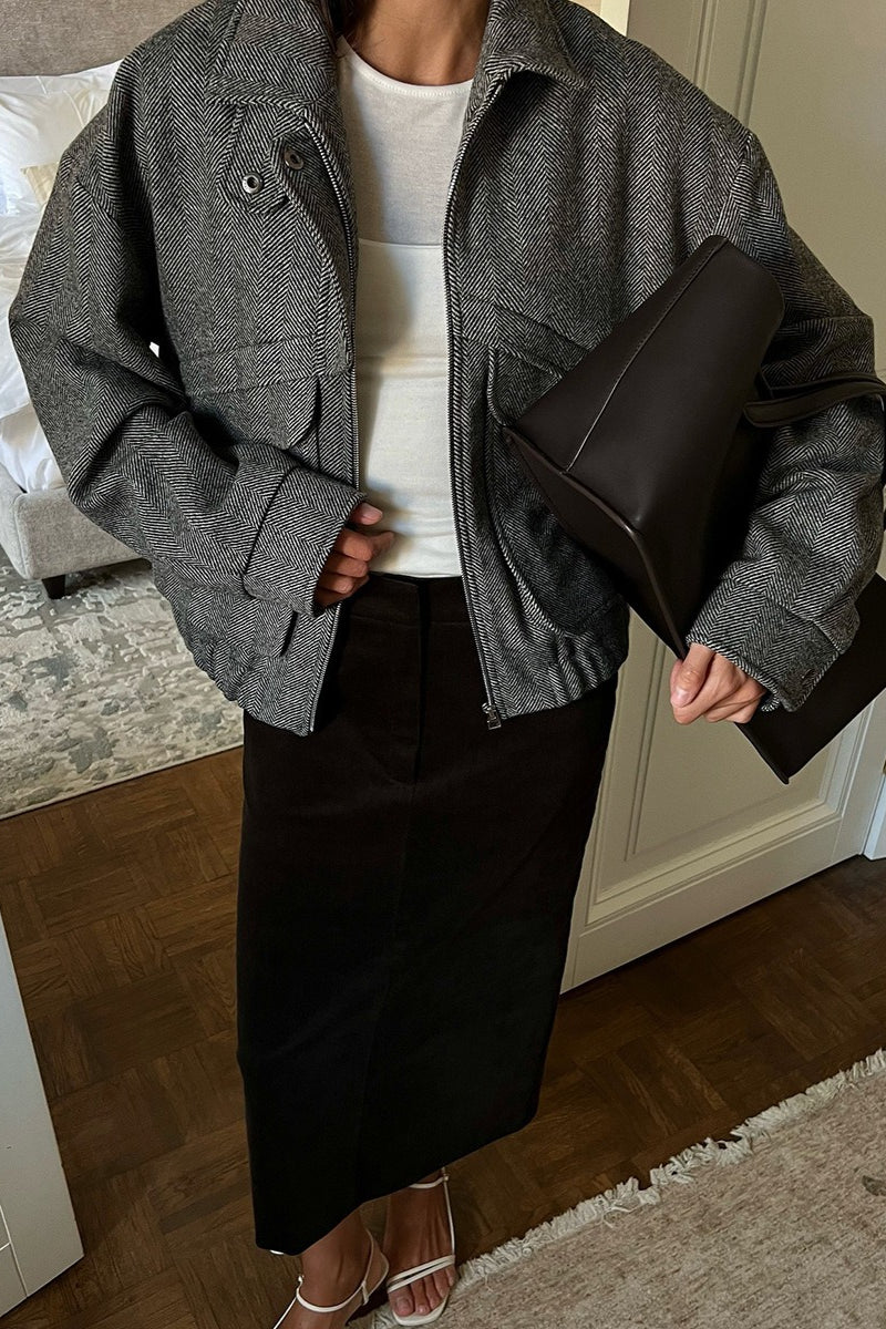 Sarah Fischgrät Stehkragenmantel