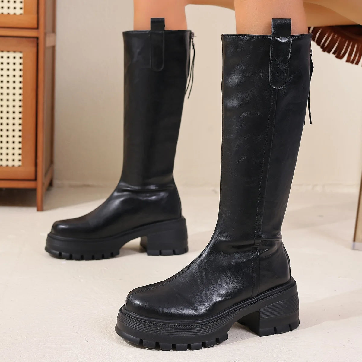 Comemore Women's Knee High Black Boots - Thick Bottom Round Toe Leather High Heels for Autumn Winter 5