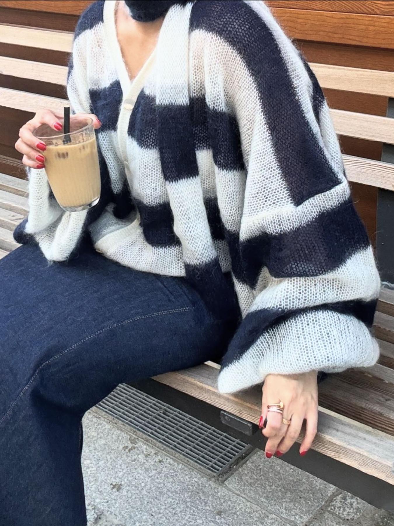 Cozy Stripe Sweater Cardigan for Women - Oversized, V-Neck, Extra Long Sleeves, Comfortable Layering Option 2