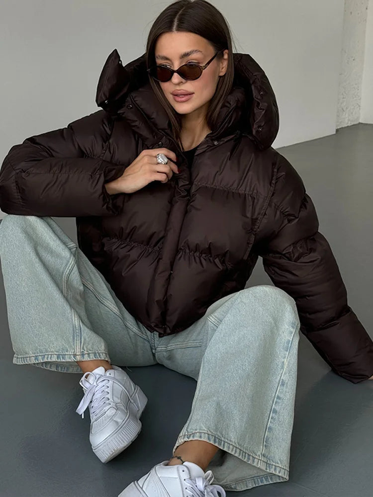 Cropped Quilted Hooded Jacket for Women - Oversized Winter Coat 0
