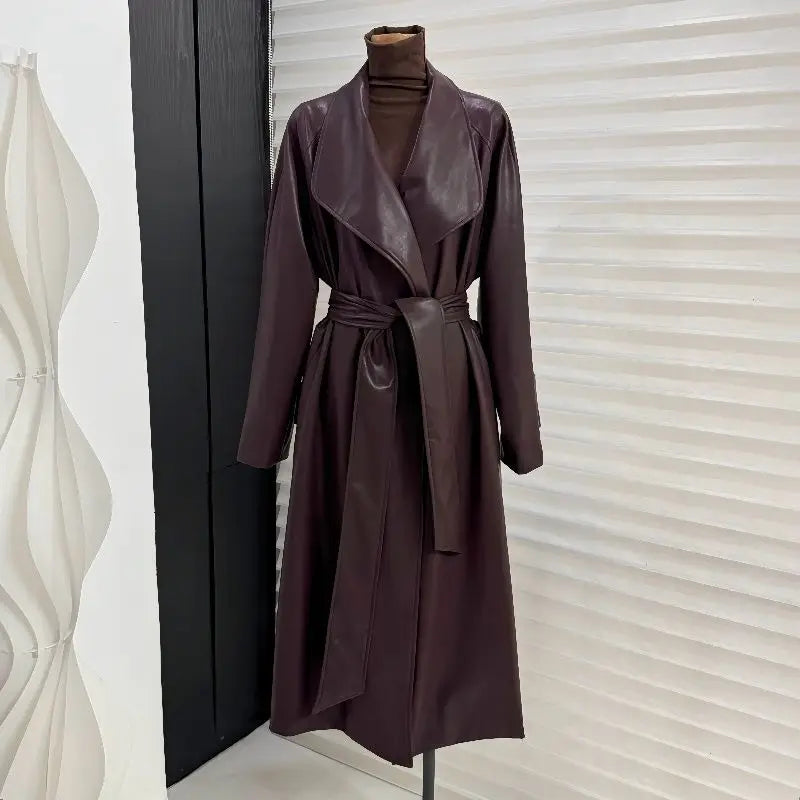 Elegant Long PU Leather Trench Coat for Women - Stylish Winter Outerwear 0
