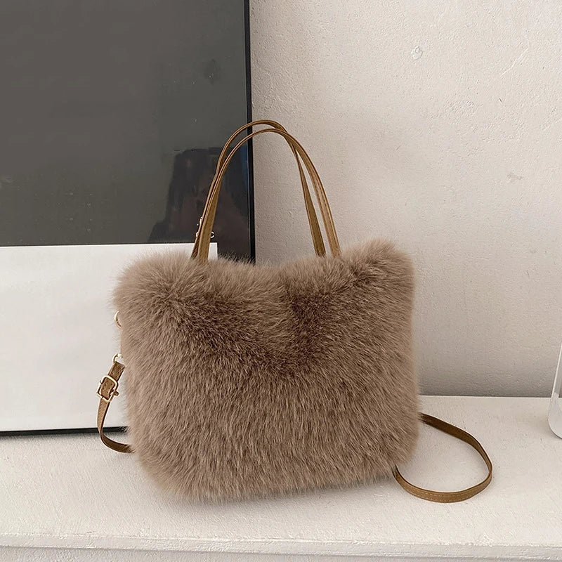 Faux Fur Tote Bag Women's Bucket Plush Luxury Design Crossbody Shoulder Handbag Winter 7
