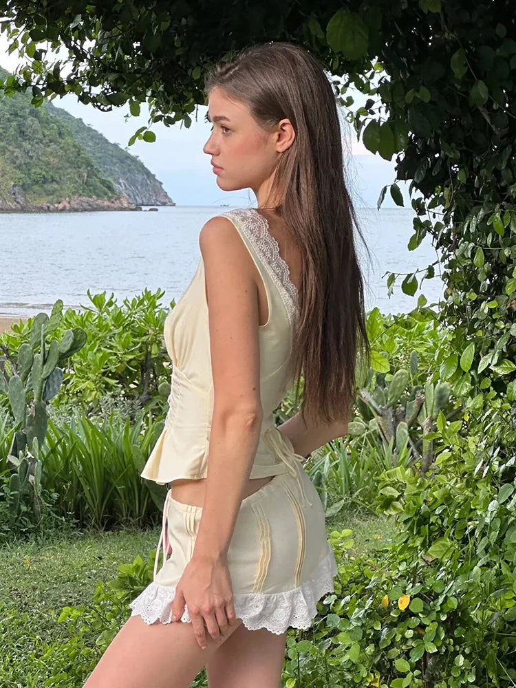 Foridol Women's Summer Dress Set - Cotton Lace Top and Skirt Outfit in Yellow 3