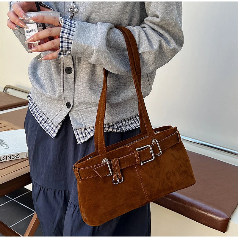 Borsa a tracolla in suede a grande capacità per donna con elegante fibbia francese