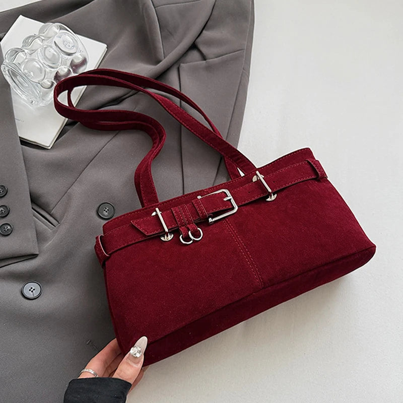 Borsa a tracolla in suede a grande capacità per donna con elegante fibbia francese