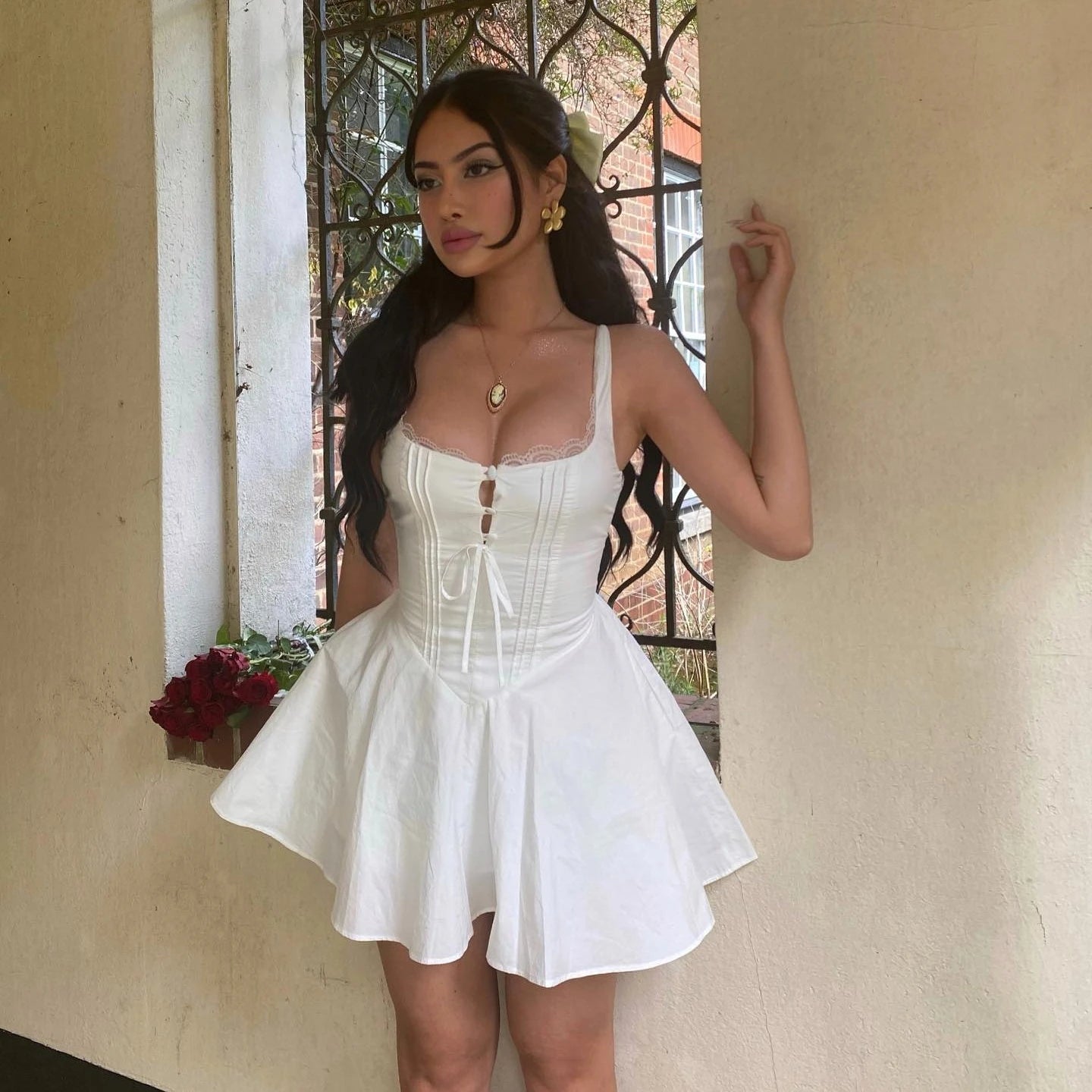 Mingmingxi 2024 Summer Lovely A Line Dress Yellow Sexy Party Dresses Hollow Out Lace Up Elegant Holiday Dress Women 6