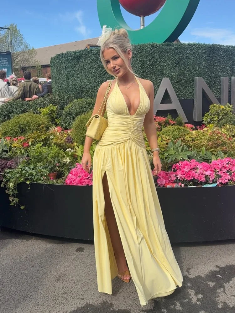 Helena Maxikleid mit tiefem V, gerafft und mit Schlitz
