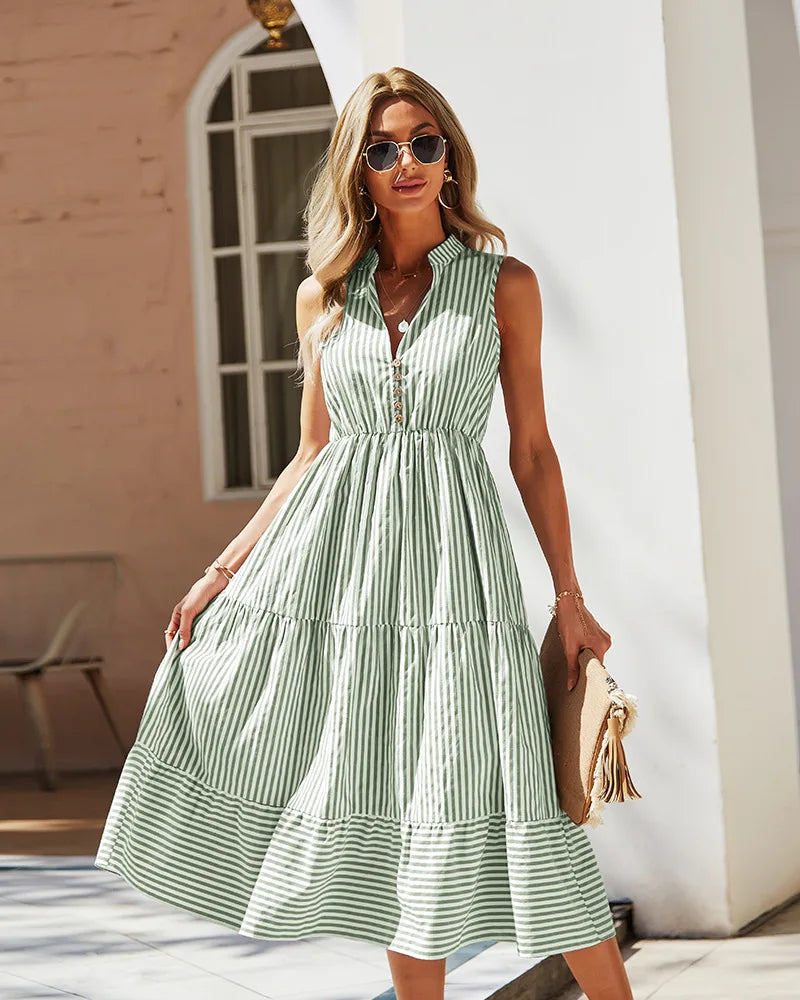 Bianca Striped V-Neck Sleeveless Shirt Dress