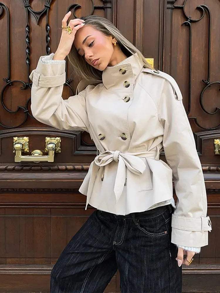 Women's Double Breasted Cropped Trench Coat - Casual Long Sleeve Outerwear for Women 5
