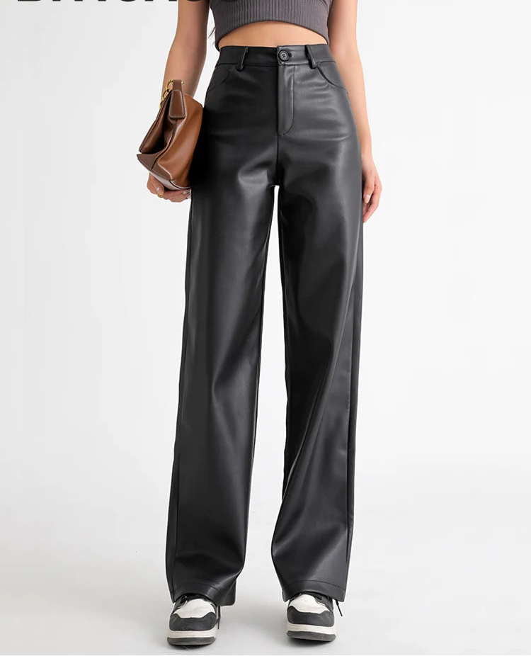 Women's High Waist Fleece Lined PU Leather Wide Leg Pants - Stylish Comfort 0
