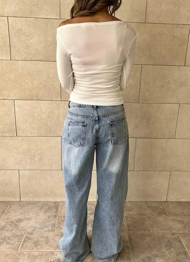 Women's Long Sleeve Crop Top - Casual Off-Shoulder Ruched T-Shirt 2