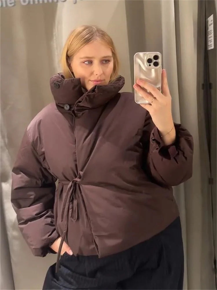 Women's Puffer Jacket - Stylish High Collar Brown Winter Coat with Tie Waist 2