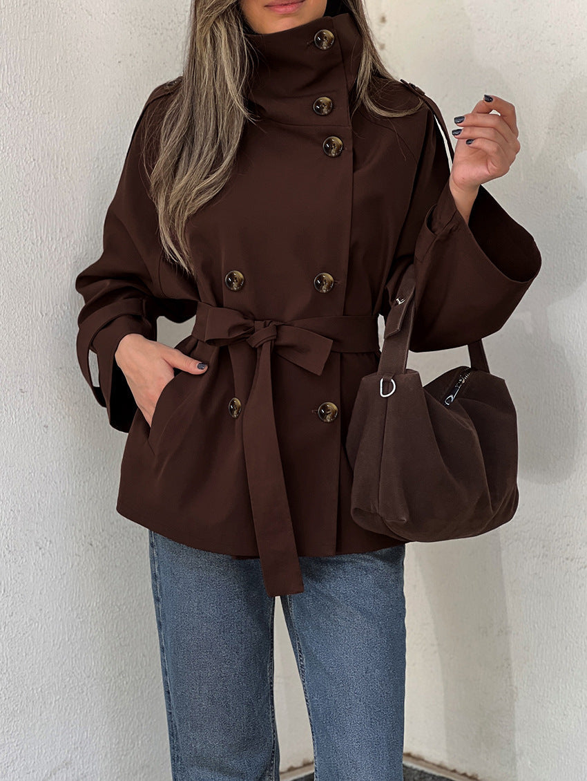 Womens Turtleneck Double Breasted Waist Tie Winter Coat 0