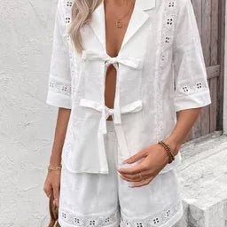 SOERA Bianca Tie-Up Cotton Two-Piece Set - Matching Sets - SOERA-101955-WHI-L-40003 White L