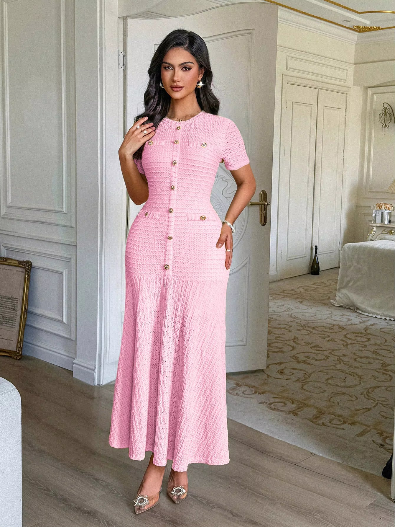 Clara Goldknopf Retro Ausgestelltes Midikleid