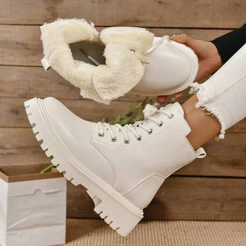 Black Ankle Boots for Women - Winter Warm Short Plush Combat Boots with Zip Lace Up Design 2