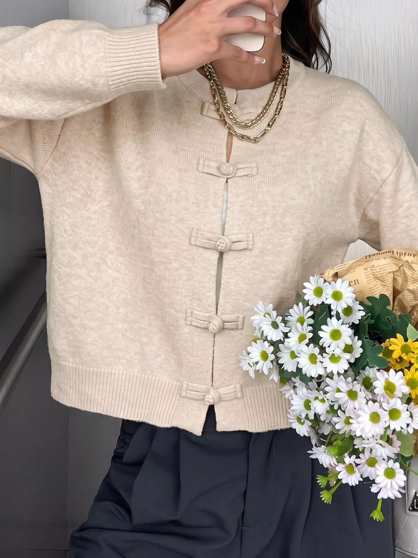 SOERA Lucy Frog Knots Knitted Cardigan in Apricot
