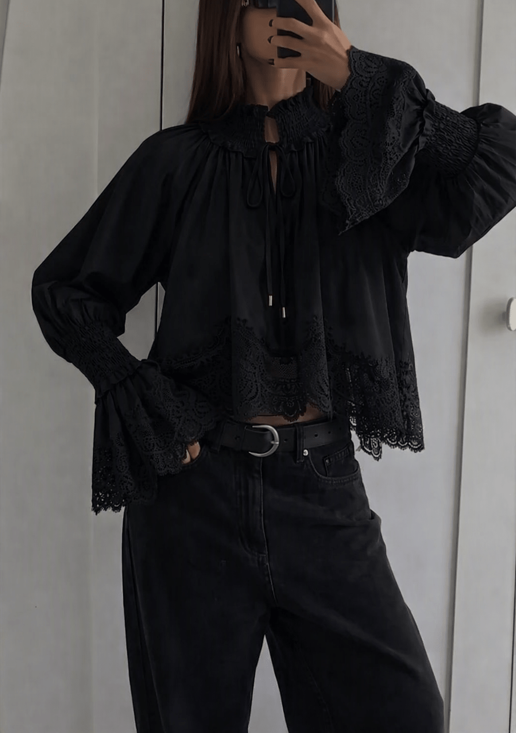 SOERA Annie Embroidery Lace Trim Blouse - Blouse -  Black XS