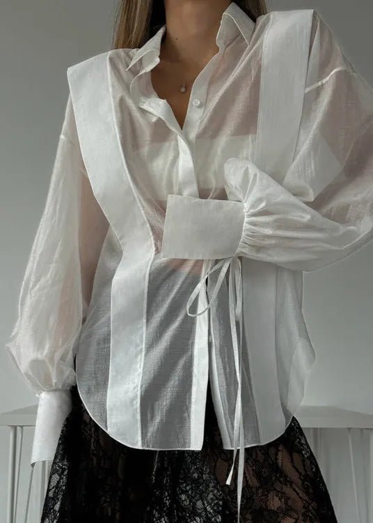 SOERA Isabella Oversized Ribbon - Tie Puff Sleeve Shirt - Blouse -  White S