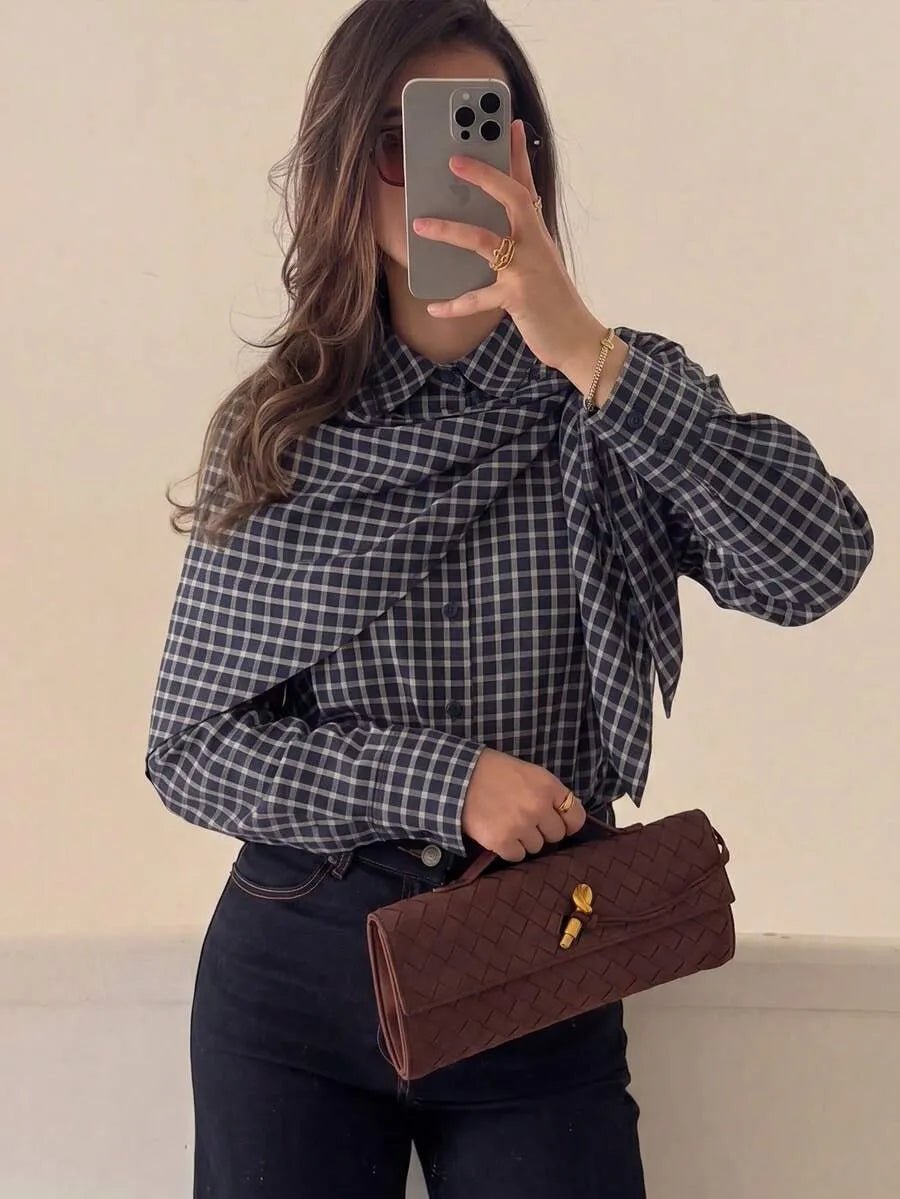 SOERA Lena Plaid Scarf-Tie Shirt - Blouse - SOERA-660931-M-NAVY-44611 Navy M