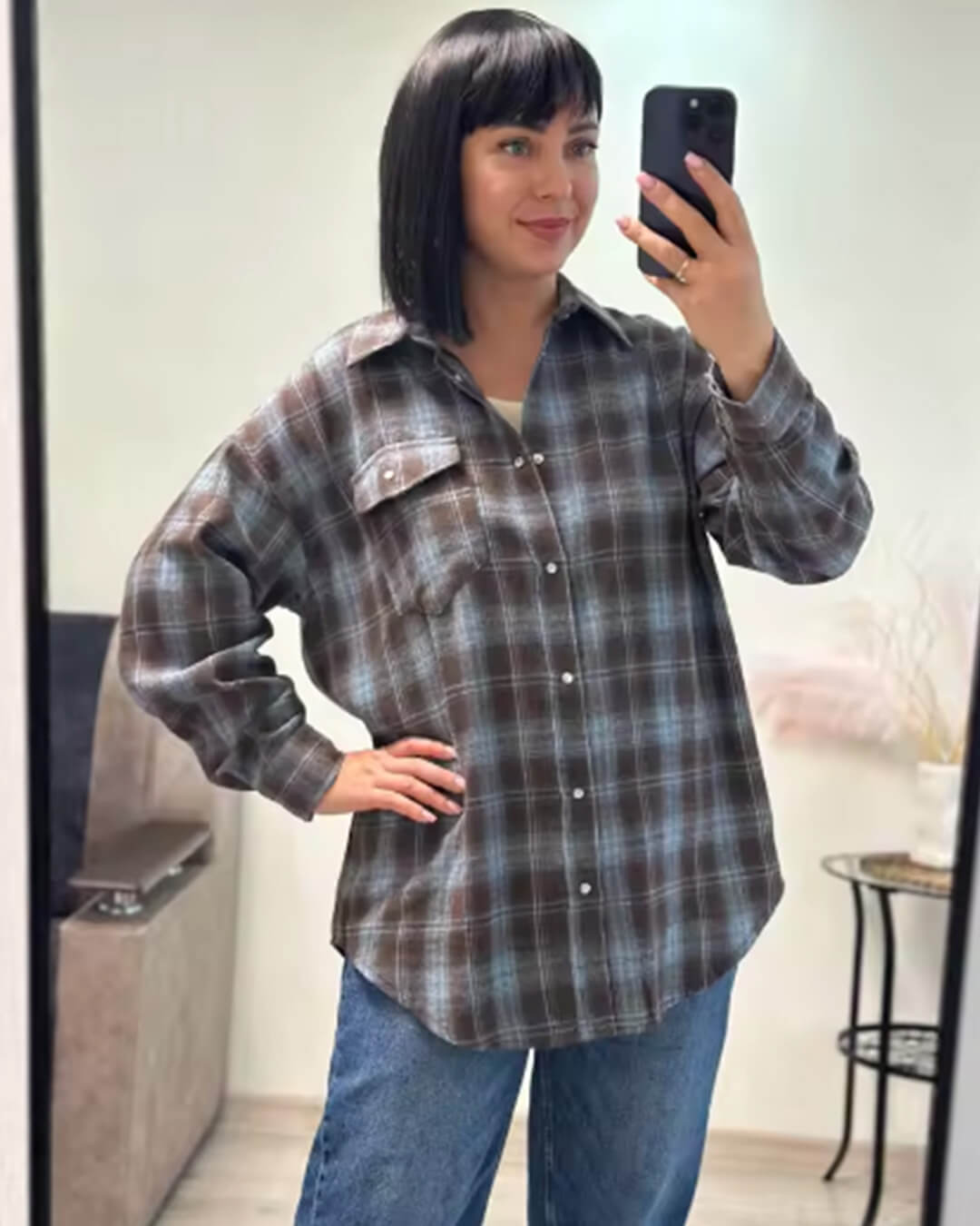 SOERA Melissa Oversized Plaid Shirt - Blouse - SOERA-074691-GRA-O-16451 Gray Blue One Size