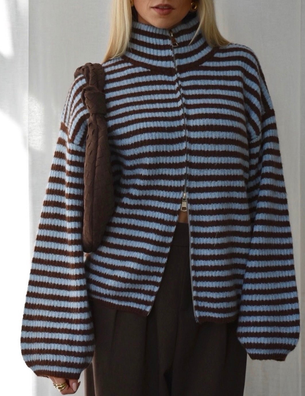 SOERA Valerie High Neck Zip-Up Cardigan - Cardigan - SOERA-605955-BLU-S-07459 Blue Stripes S