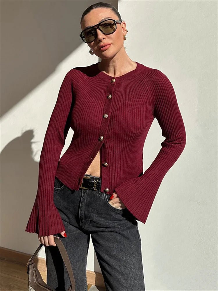 SOERA Eloisa Ribbed Knit Long Sleeve Cardigan - Cardigans - 1005009561904586-;Yl1769414229132301556 Red M