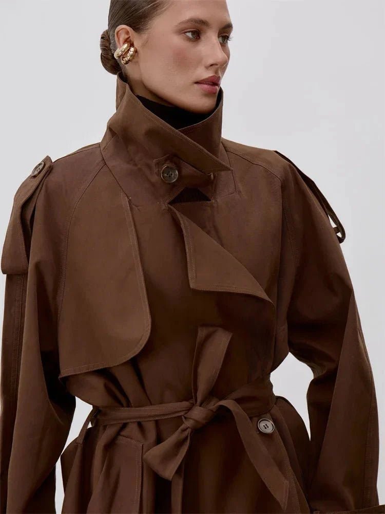 SOERA Sonia Lace Up Stand Collar Trenchcoat - Coats & Jackets -  Dark Brown S