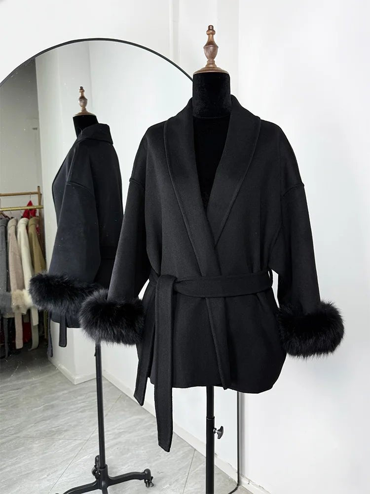 SOERA Wool Wrap Coat with Fox Fur Cuff - Coats & Jackets - 3256809512722732-;qf1766845283309419072 Short Burgundy L