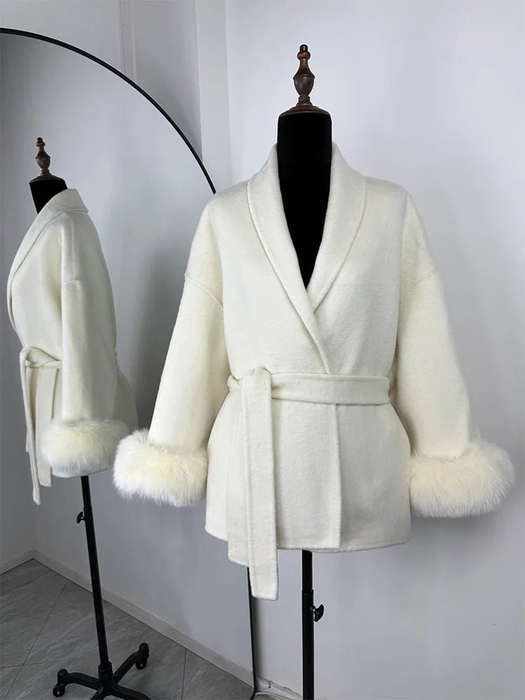 SOERA Wool Wrap Coat with Fox Fur Cuff - Coats & Jackets - 3256809512722732-;qf1766845283309419072 Short Burgundy L