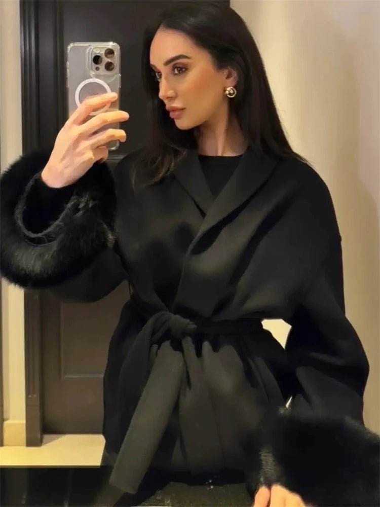 SOERA Wool Wrap Coat with Fox Fur Cuff - Coats & Jackets - 3256809512722732-;qf1766845283309419072 Short Burgundy L
