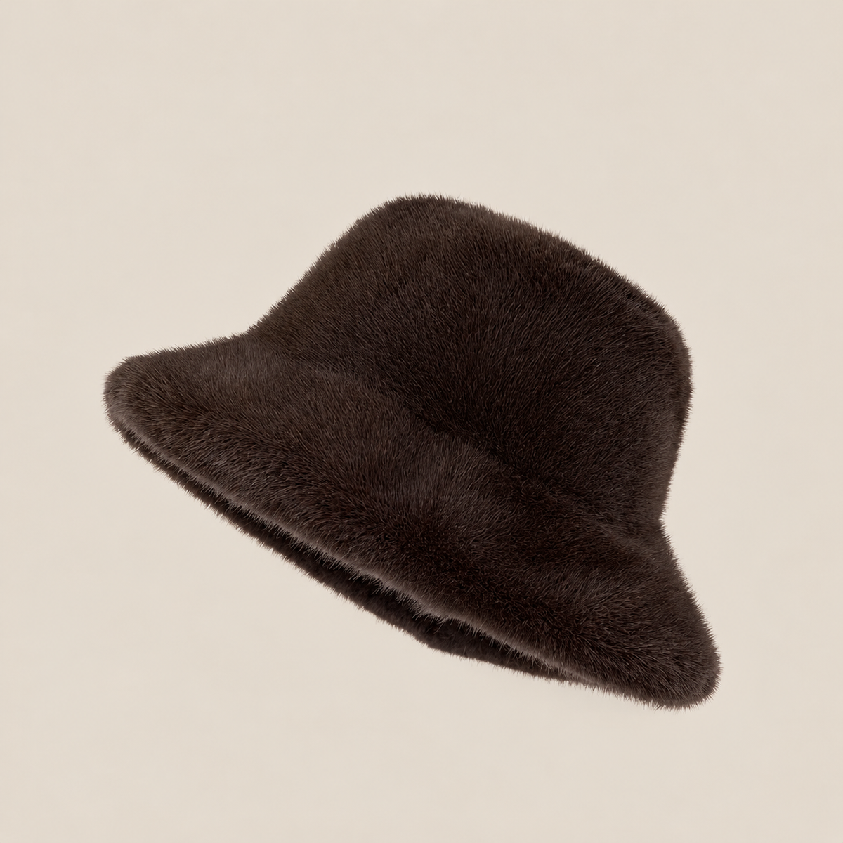 SOERA Pauleen fluffy bucket hat in dark brown on a warm beige background