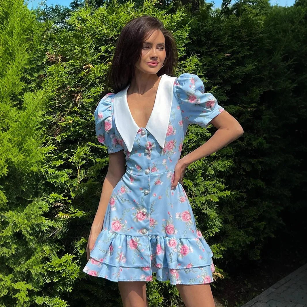 SOERA Andromeda Floral Puff Sleeve Mini Dress - Dress -  Blue M